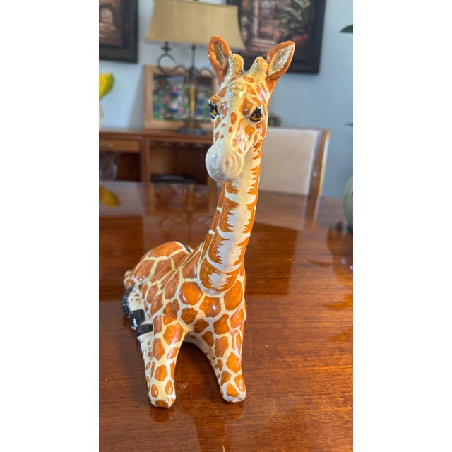 1950s Hollywood Regency Glazed Terracotta Sculpture of a sSeated Giiraffe. Made in Italy Stamped Pristine For Sale - Image 5 of 9