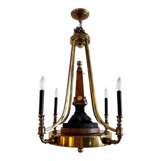 Neoclassical Style Brass Chandelier With Marbleized Obelisk & Turtle Sculpture For Sale