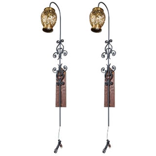 Tall Wrought Iron Wall Sconces With Hanging Brass Moroccan Lanterns - a Pair For Sale