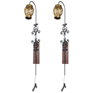 Tall Wrought Iron Wall Sconces With Hanging Brass Moroccan Lanterns - a Pair