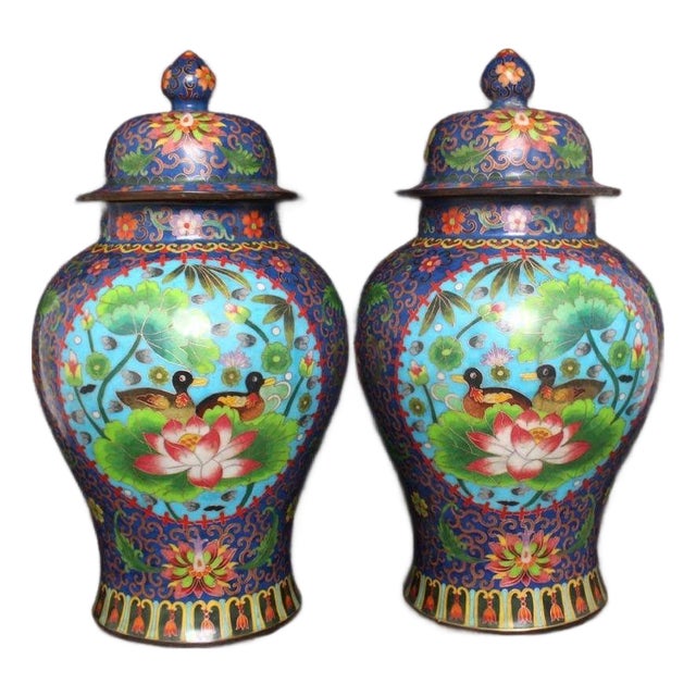 Large Pair of Chinese Cloisonné Enamel Mandarin Duck & Lotus Jars With Lids - 19" Tall For Sale