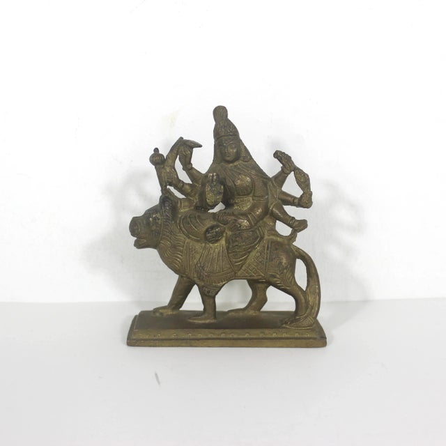 Mid 20th Century Vintage Brass Statue of Hindu Goddess Durga Riding a Lion a Symbol of Strength Protection and Motherhood Shiva For Sale - Image 5 of 9