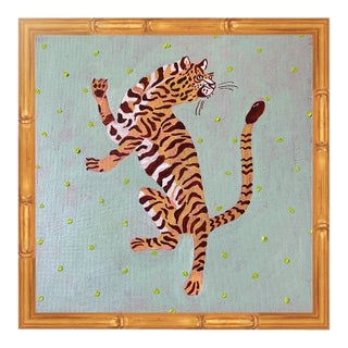 Original Leaping Tiger Painting in Gold Bamboo Frame, Acrylic on Canvas, 13" X 13" by Tatiana Duperault For Sale