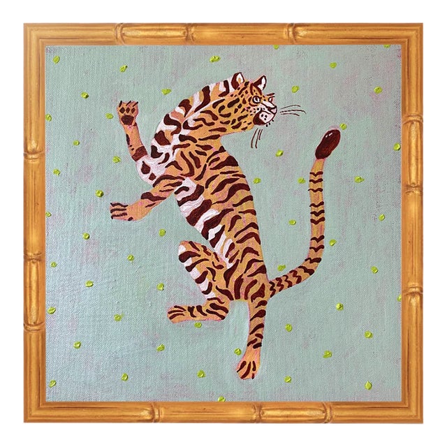 Original Leaping Tiger Painting in Gold Bamboo Frame, Acrylic on Canvas, 13" X 13" by Tatiana Duperault For Sale