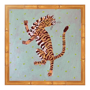 Original Leaping Tiger Painting in Gold Bamboo Frame, Acrylic on Canvas, 13" X 13" by Tatiana Duperault