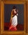 In "Liquid Sunset I," a figure draped in a flowing white garment stands against a muted backdrop, with warm hues of orange...