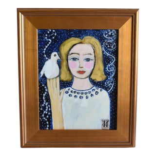 Portrait Oil Painting of a Woman Holding a White Dove by Ruth Arenz Including the Antiqued Gold Wood Frame For Sale