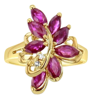 Marquise Ruby Leaf Floral Cluster Ring 14k Yellow Gold, Size 6