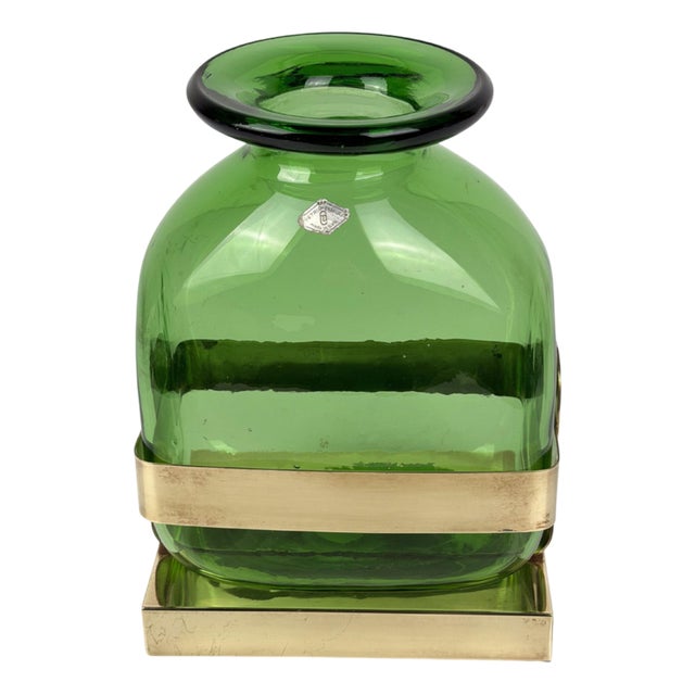 Mid-Century Modern Empoli Green Glass Vase with Brass Pedestal, Italy, 1970s For Sale