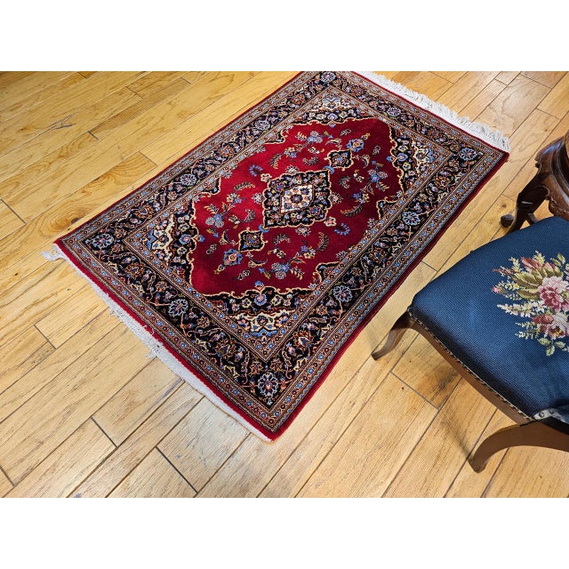 Vintage Persian Kashan Rug, Hand-Knotted Wool, Floral Pattern, Red & Navy, 4x6 For Sale In Chicago - Image 6 of 17