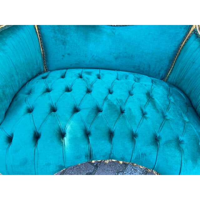 1980s 1980 French Artisan Louis XVI Gold Green Velvet Settee For Sale - Image 5 of 12