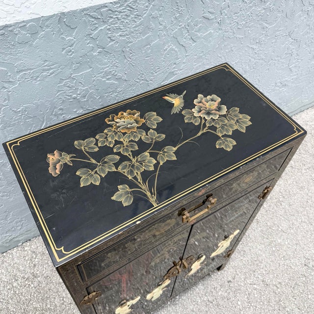 Chinese Vintage Chinese Black Lacquered Hand Painted Cabinet For Sale - Image 3 of 11
