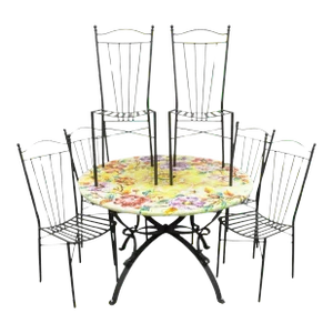 Italian Volcanic Fire Glazed Floral Painted Outdoor Dining Table Set - 7 Pcs