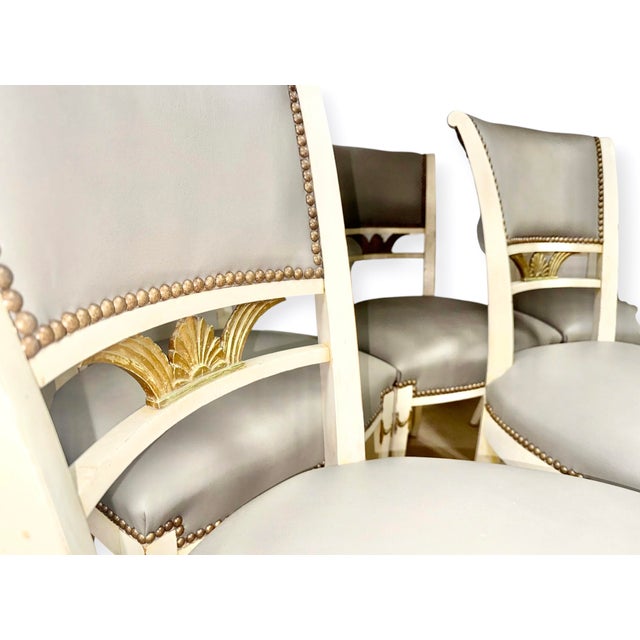 Set of Six 1930s Gilt Wood Dining Chairs in Gray Leather by Danny Cannon Custom Upholstery For Sale - Image 4 of 6