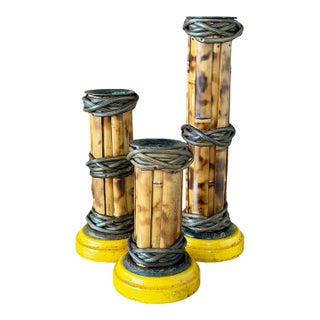 Set of Three Vintage Scorched Bamboo and Rattan Wrapped Candlesticks For Sale
