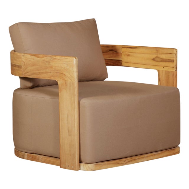 Eclipse Outdoor Solid Teak Wood Revolving Chair - Light Brown Fabric For Sale