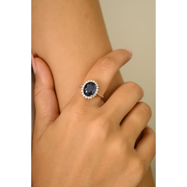 Blue 3.55 Ct Princess Diana Inspired Blue Sapphire Ring With Diamonds Halo Size 5 For Sale - Image 8 of 12