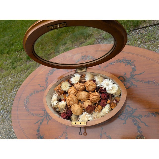 Unique Edwardian Antique Satinwood 2-Tier Parlour Side Table W/ Hand Painted Floral Garlands & Center Display For Sale In New York - Image 6 of 9