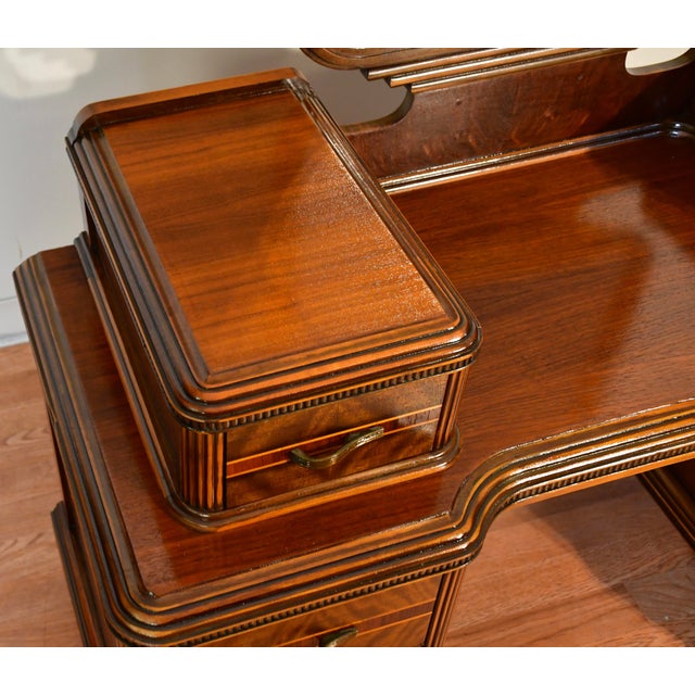 1950s Vintage Art Deco Walnut Inlaid Vanity and Mirror / Makeup Table For Sale - Image 4 of 16