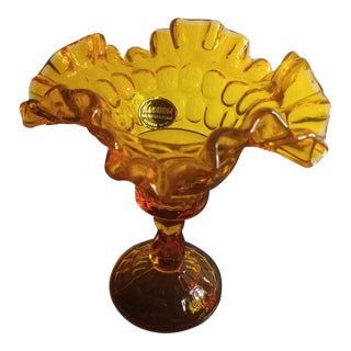 Vintage Kanawha Amber Thumbprint Pattern Ruffled Pedestal Bowl For Sale