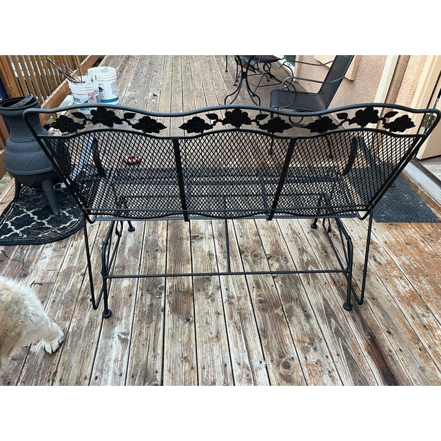 1960s 1960s Woodard "Briarwood" Wrought Iron & Mesh Patio Glider Loveseat, Attributed For Sale - Image 5 of 5