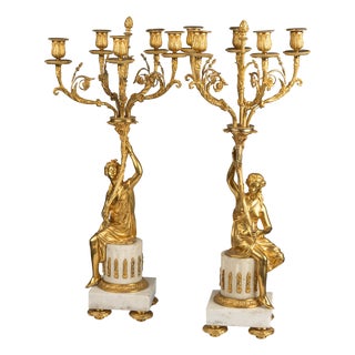 Antique French Louis XVI Style Ormolu 5-Light Candelabras, 1880s, Set of 2 For Sale