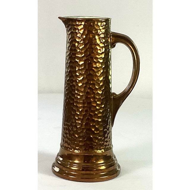 Ceramic 1930s Handcrafted, Artisan – Ceramic Large, Pitcher, and Eight Tankards-in a Hammered Copper Lusterware Finish - Set of 9 For Sale - Image 7 of 11