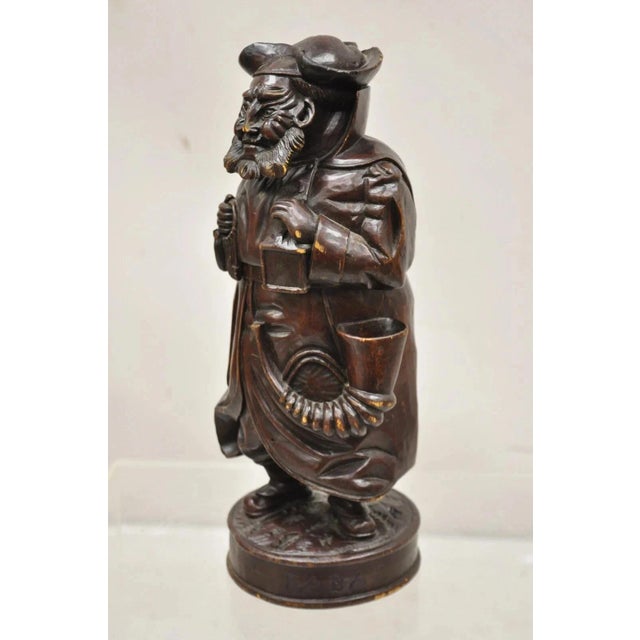 Antique 19th C. European Black Forest Figural Wood Carved Night Watchman Lidded Tobacco Jar Box with Removable Tin Metal...