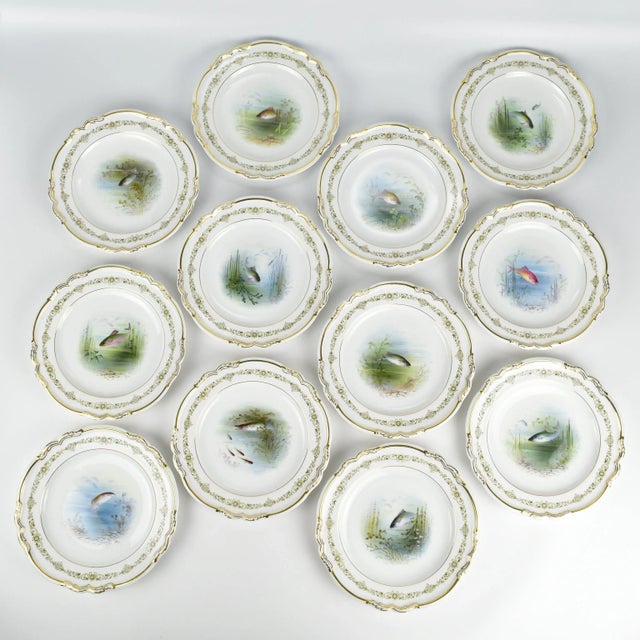 Description - Set of twelve Copeland Spode plates, each hand painted with a different fish scene. They have a molded rim...