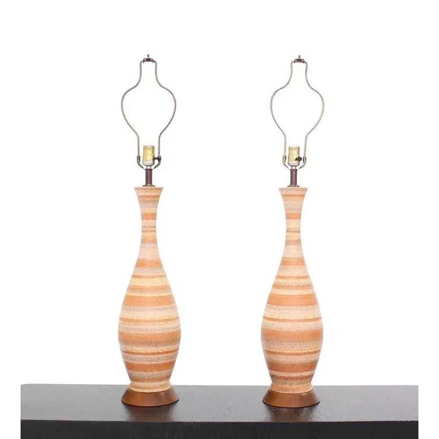 Wood Vase Shape Art Pottery Table Lamps Turned Walnut Bases - a Pair For Sale - Image 7 of 8