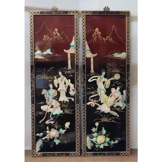 Late 20th Century Vintage Pair Oriental Wall Art Hanging Asian Decor Wood Frame Black Lacquer Handcrafted Raised For Sale - Image 5 of 9
