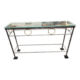 1970s Italian Giacometti Style Patinated Wrought Iron Base & Glass Top Console Table For Sale