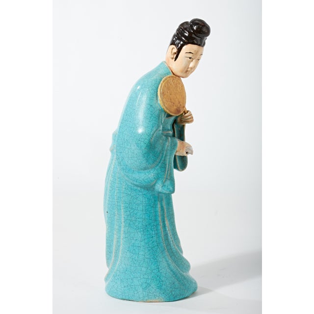 Early 20th Century Chinese Figurine of Lady in Blue With Fan For Sale - Image 4 of 17