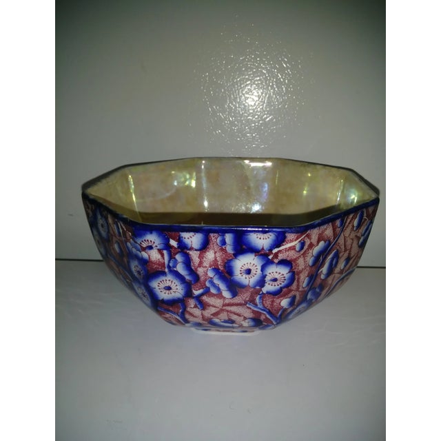 Ceramic 1950's Stoke on Trent Majolica 8-Sided Blue Floral Lusterware Bowl For Sale - Image 7 of 7