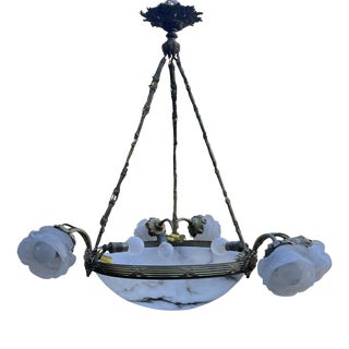 1920s French Art Deco Alabaster and Frosted Glass Roses Pendant Chandelier For Sale