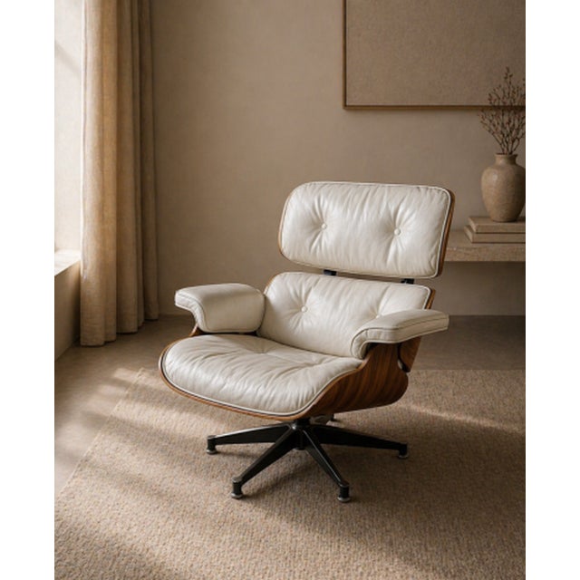 Mid-Century Modern Set of Vintage Lounge Chairs in White Leather and Rosewood by Charles and Ray Eames, 1956 For Sale - Image 3 of 7