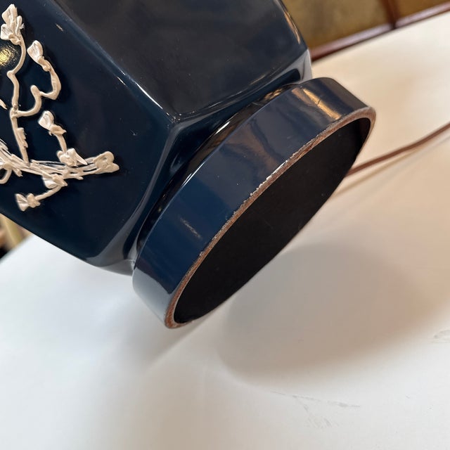 Ceramic Navy Impasto Table Lamp With Hand Sculpted Floral Relief, Vintage For Sale - Image 7 of 12