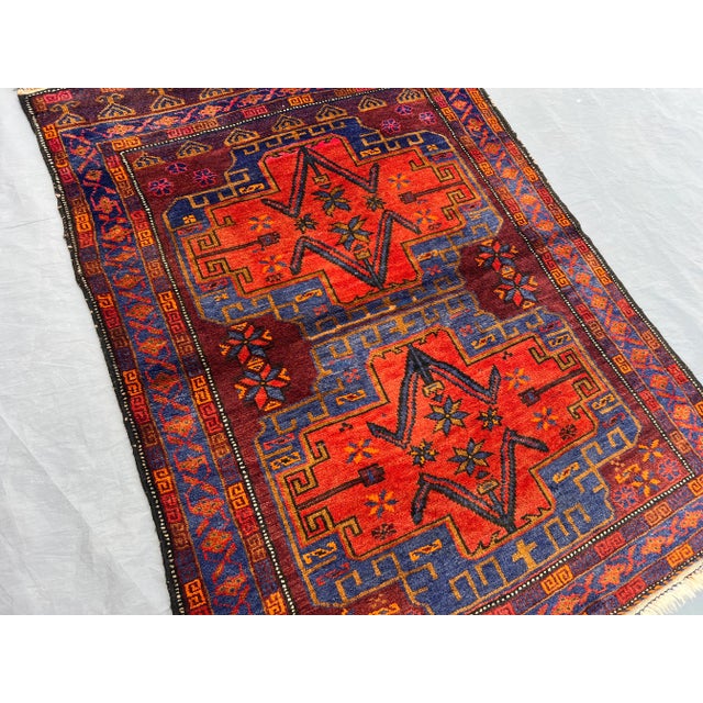 1950s 2'10 X 3'10 Ft Vintage Afghan Hand-Knotted Tribal Rug Red Blue Geometric Pattern Rug For Sale - Image 5 of 12