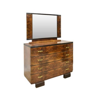 1930s Italian Art Deco Burled Walnut Four Drawer Dresser With Mirror For Sale