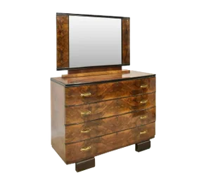 1930s Italian Art Deco Burled Walnut Four Drawer Dresser With Mirror