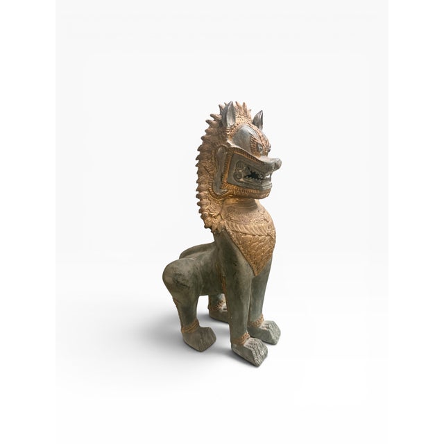 Vintage Thai Bronze Singha Guardian Lion Sculpture With Gilt Accents & Verdigris Patina, 16”h For Sale - Image 4 of 14