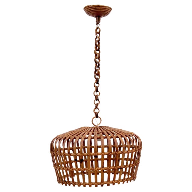 Round Bamboo and Wicker Hanging Light, 1960s For Sale