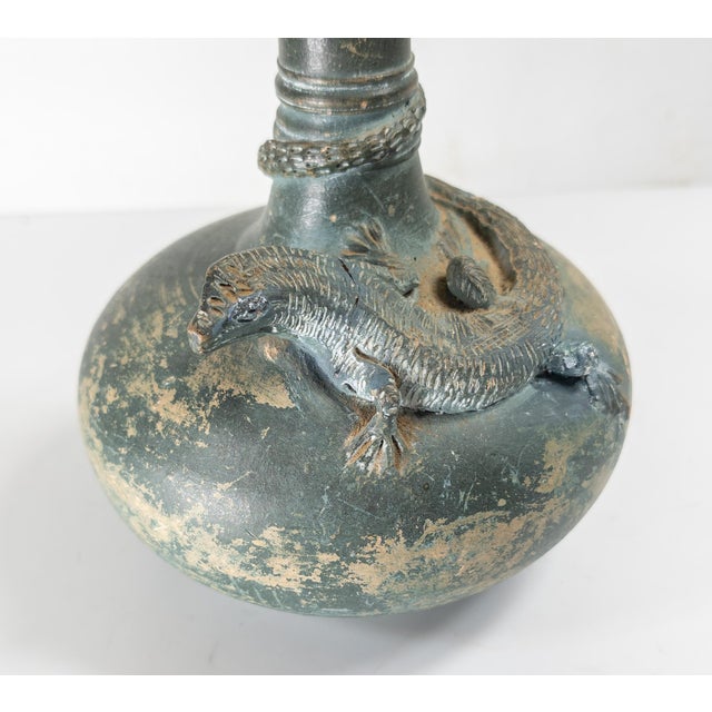 Ceramic 19th Century Arts and Crafts Verdigris Green Pottery Vase With Lizard, Restored For Sale - Image 7 of 13