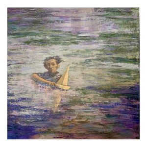 Giampaolo Talani "The Man With the Beretta" Oil on Board, Large Figurative Seascape, Tuscan Coastal Art, Italian Master Contemporary Art, 2000