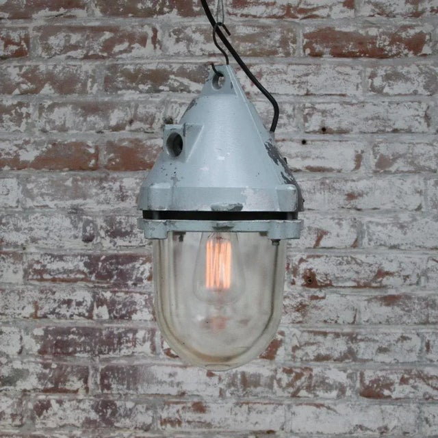 1970s Industrial Clear Glass & Grey Pendant Light For Sale - Image 5 of 6