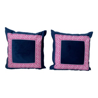 Navy and Pink Velvet Pillow With Greek Key Ribbon Trim- a Pair For Sale