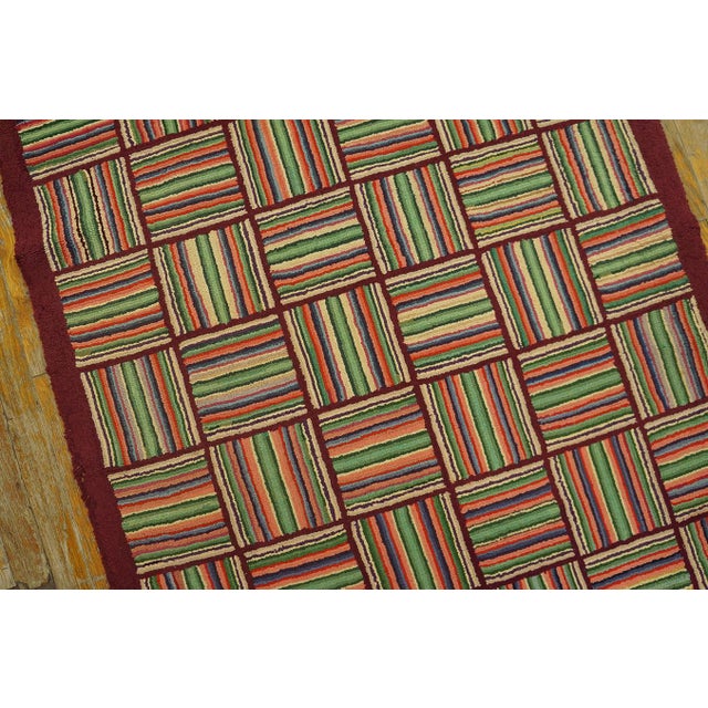 American 1930s Multicolor Checkerboard Folk Art Antique American Hooked Rug 3'2" X 10' 4" Carpet For Sale - Image 3 of 14