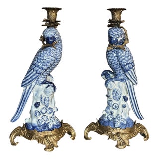 Large Ceramic and Gilt Metal Parrot Candlesticks, Set of 2 For Sale