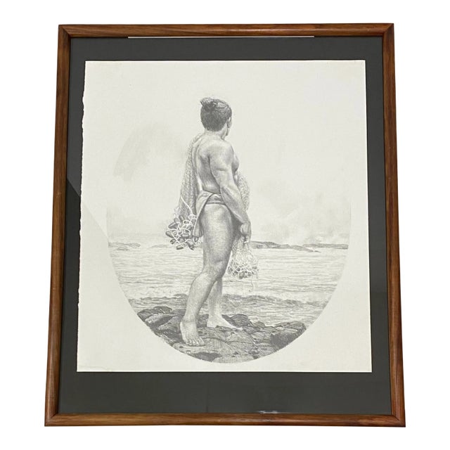 Edwin Kayton "Hawaiian Fisherman W/ Nets" Original Graphite Portrait C.1998 For Sale