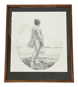 Edwin Kayton "Hawaiian Fisherman W/ Nets" Original Graphite Portrait C.1998